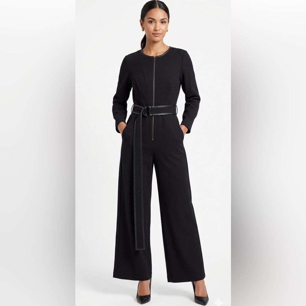 BCBGMAXARIA Longsleeve Black Jumpsuit Cropped Wide Leg Leather Trim Belt City-S
